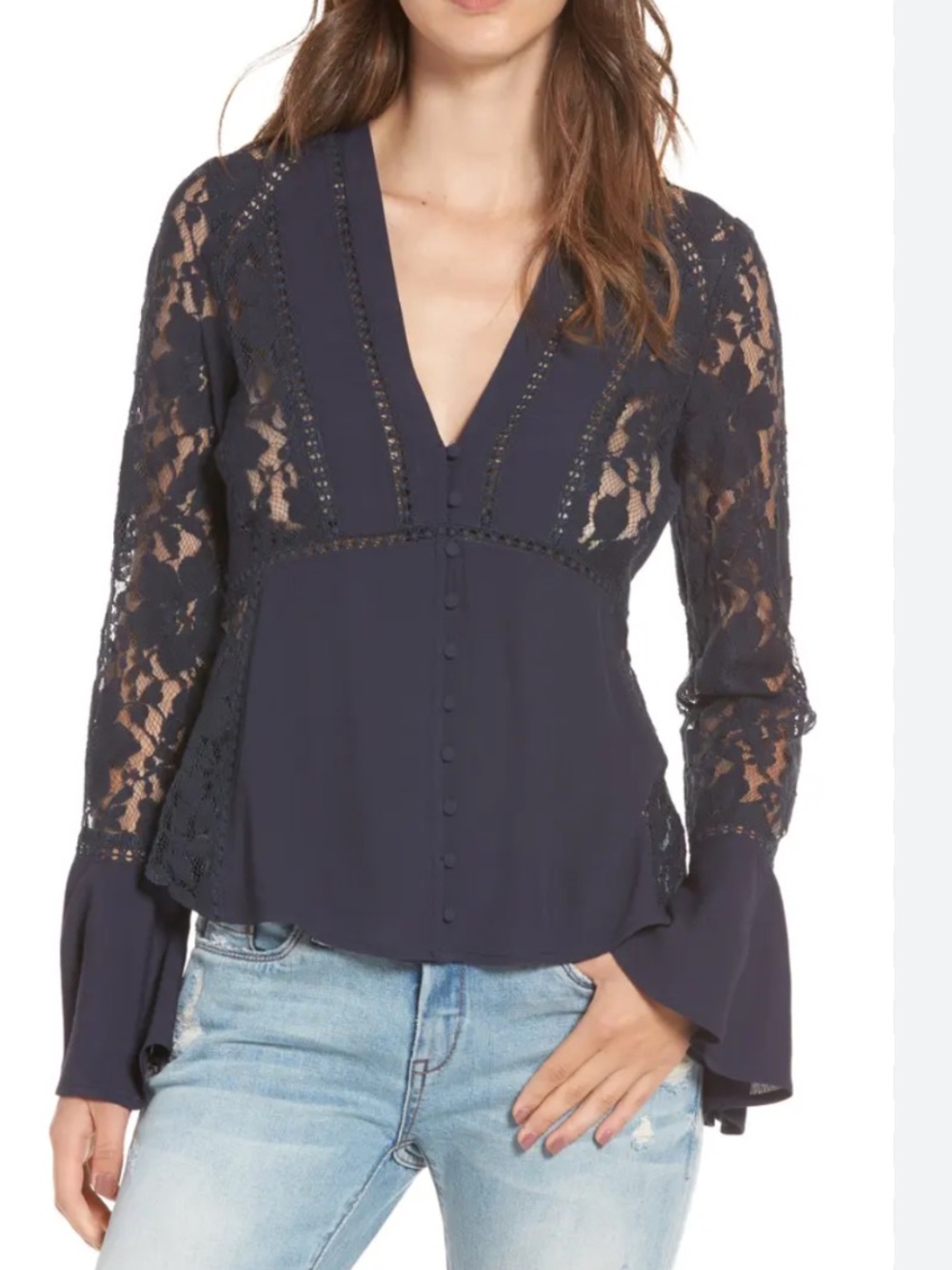 ASTR the label navy Hallie lace boho peasant blouse bell sleeves sz L EUC
